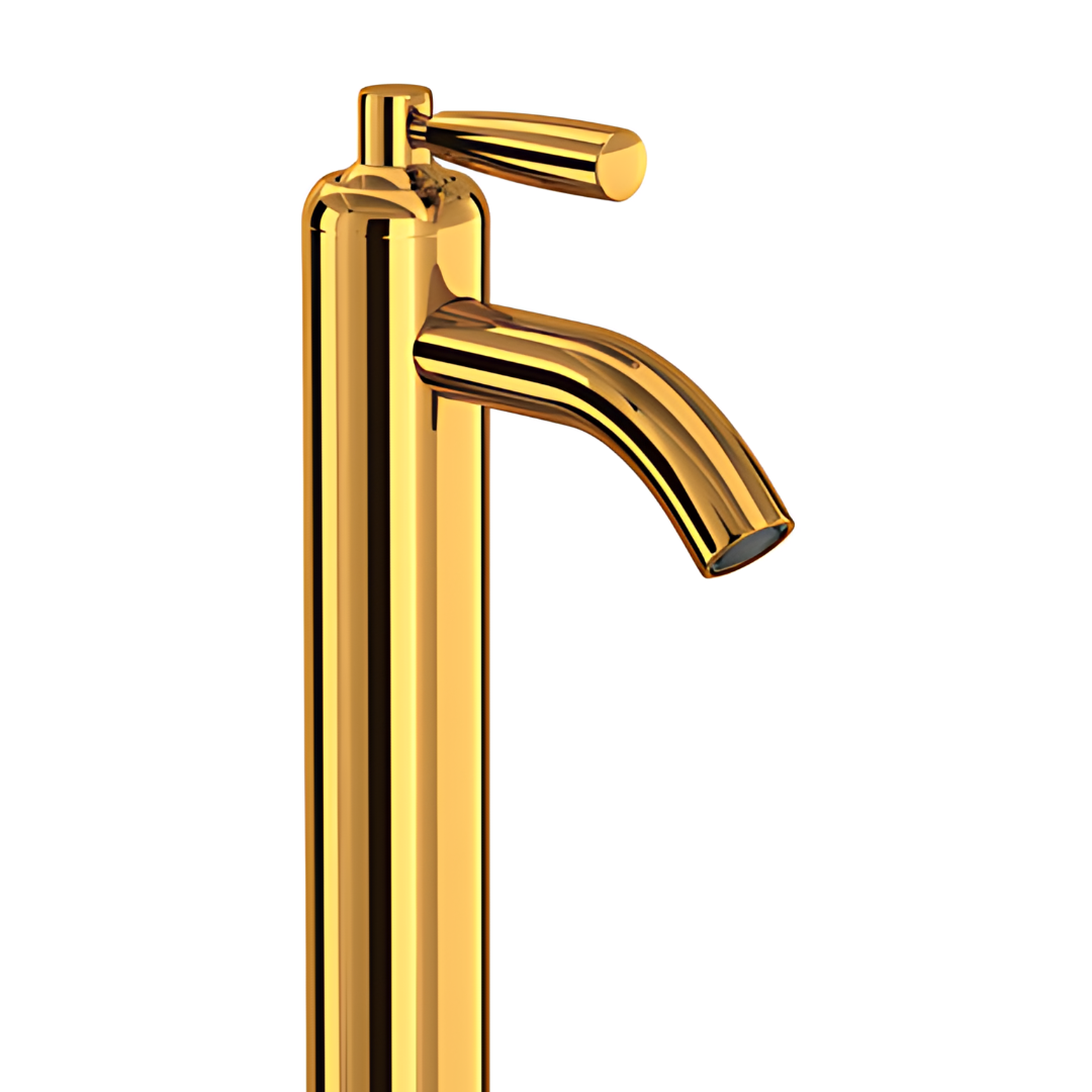 Brass bathroom sink faucet on white background