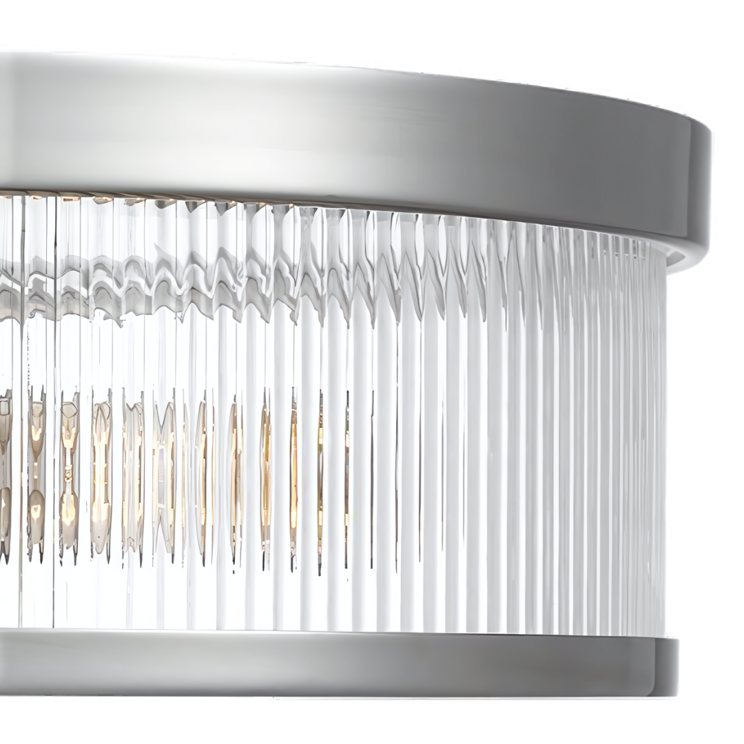 A glass and silver light fixture.