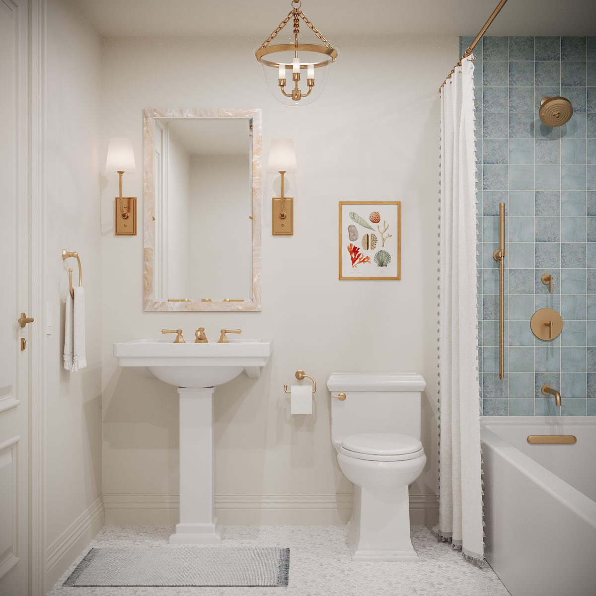 Jasper Collection with pedestal sink, toilet and alcove shower and tub combination.