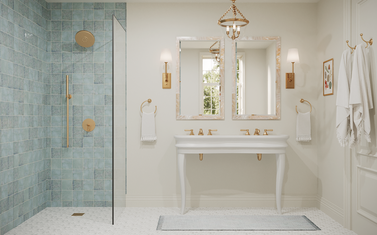 Jasper Collection with Double Console sink and curbless shower.