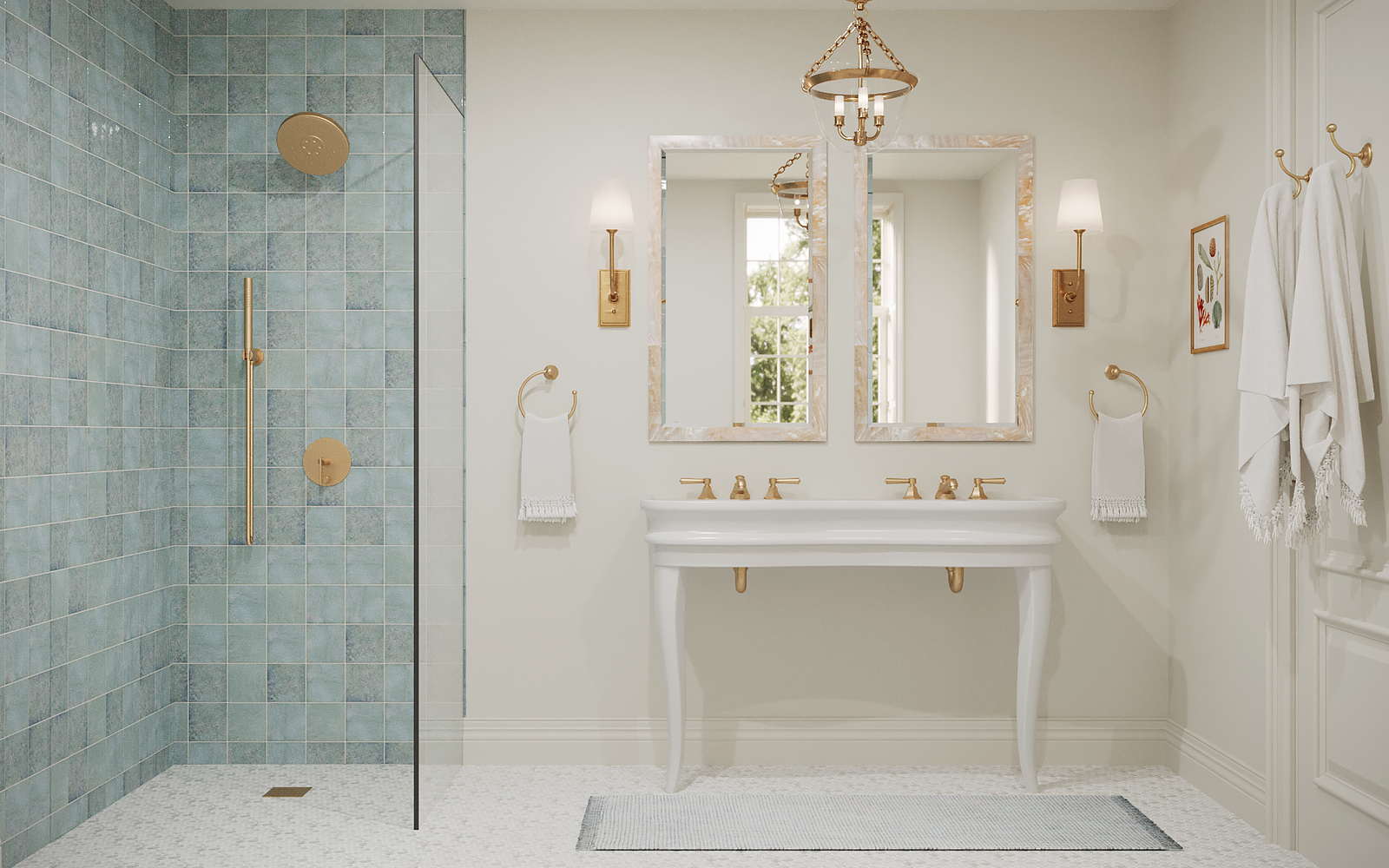 Jasper Collection with Double Console sink and curbless shower.