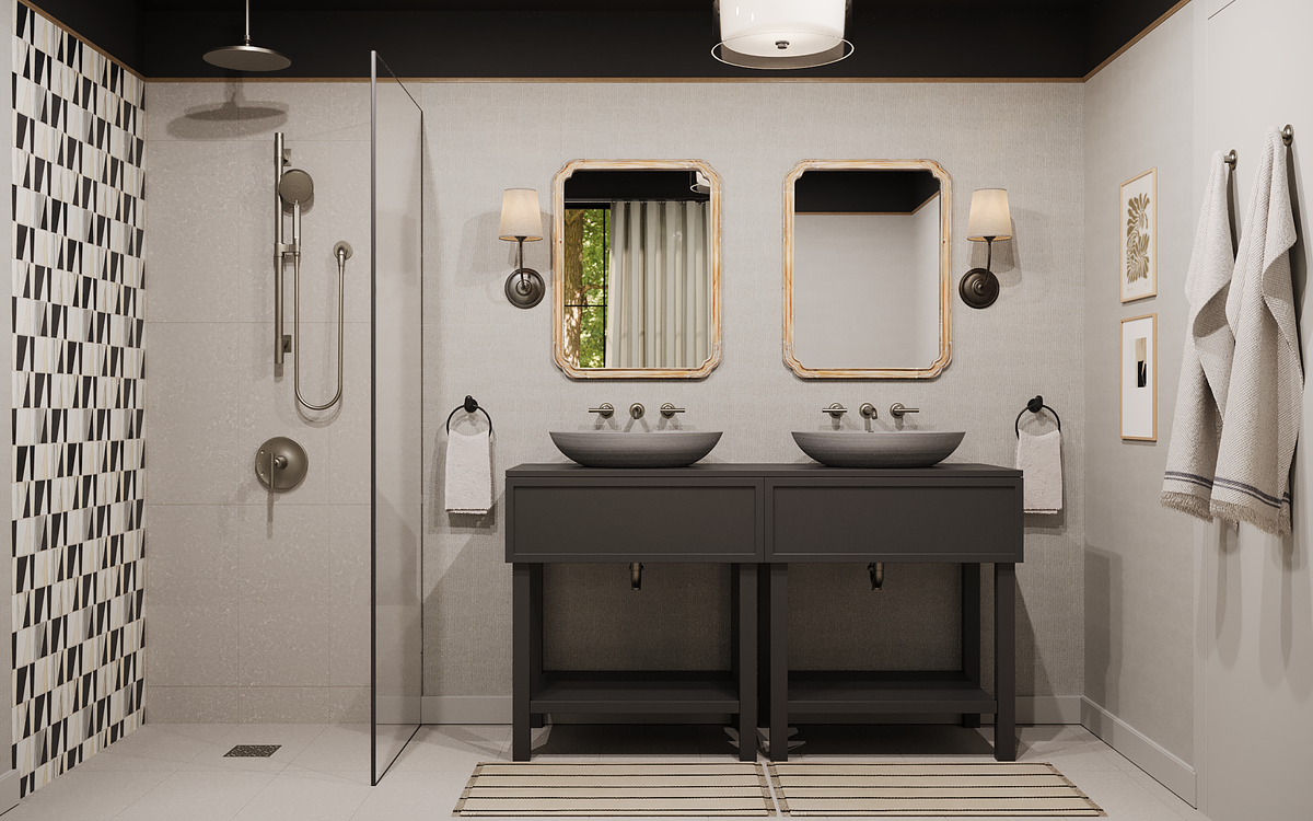 The Park Collection full bathroom design with 60 inch double vanity and curbless shower.