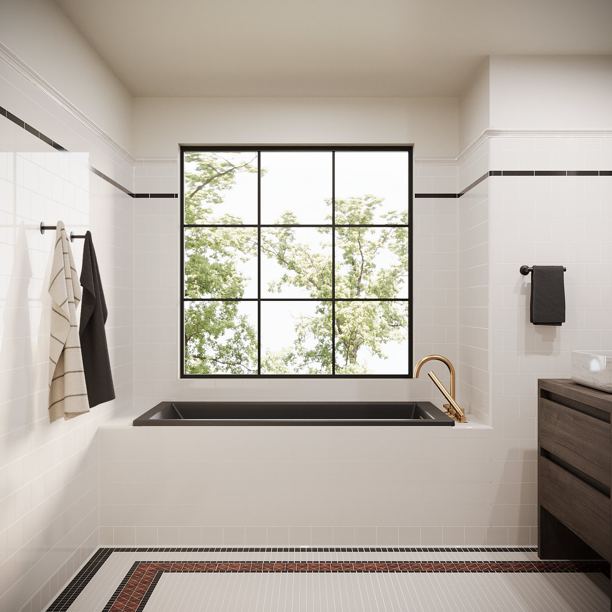 Connelly Collection bathroom with black drop in tub.