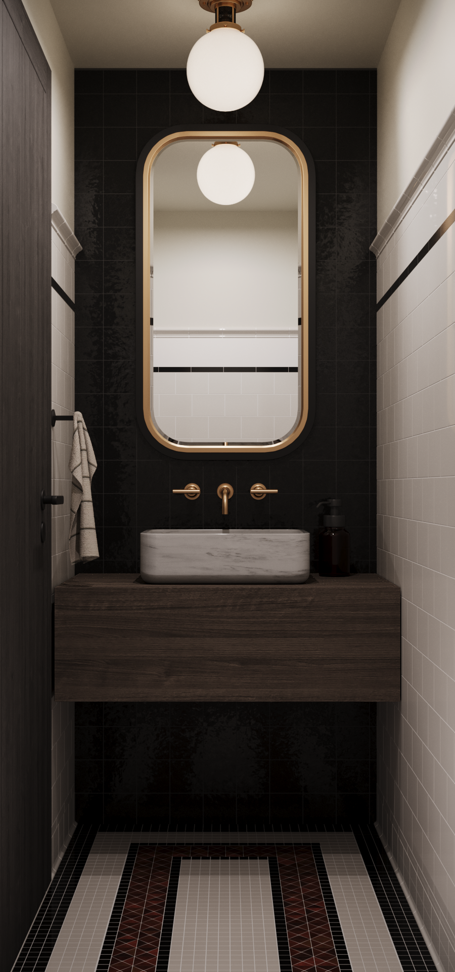 Connelly Bathroom Collection with white and black tiling and oxblood red floor border detail.