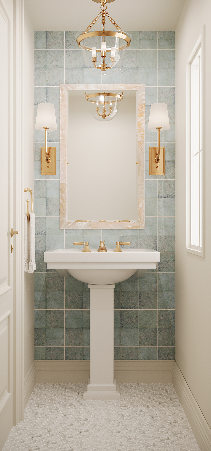 Jasper half bathroom collection pedestal sink with blue tile wall