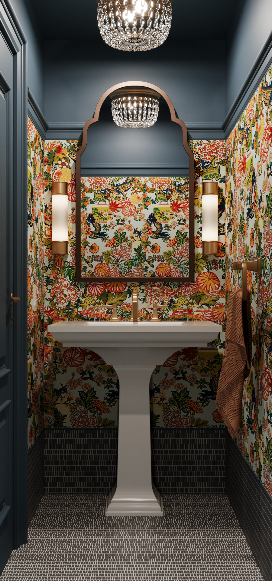 Parsons Bathroom Collection with floral wallpaper and a mirror.