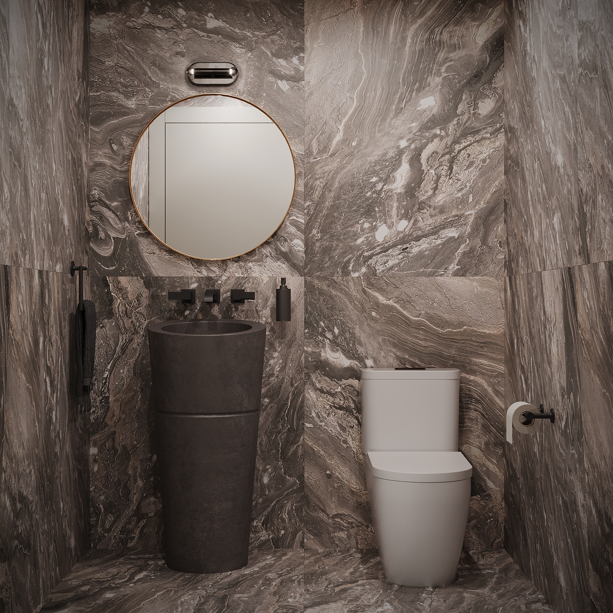 Ormsby Collection with greige floor to ceiling marble-like porcelain tile.