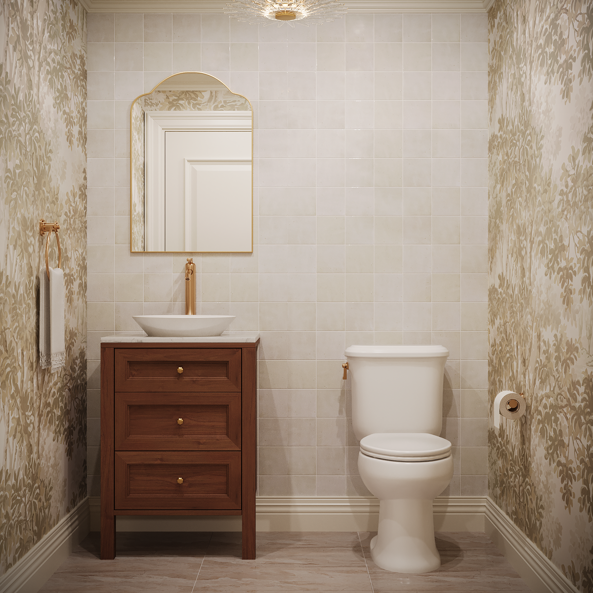 Ambler half bathroom collection wood vanity with neutral forest wallpaper and toilet