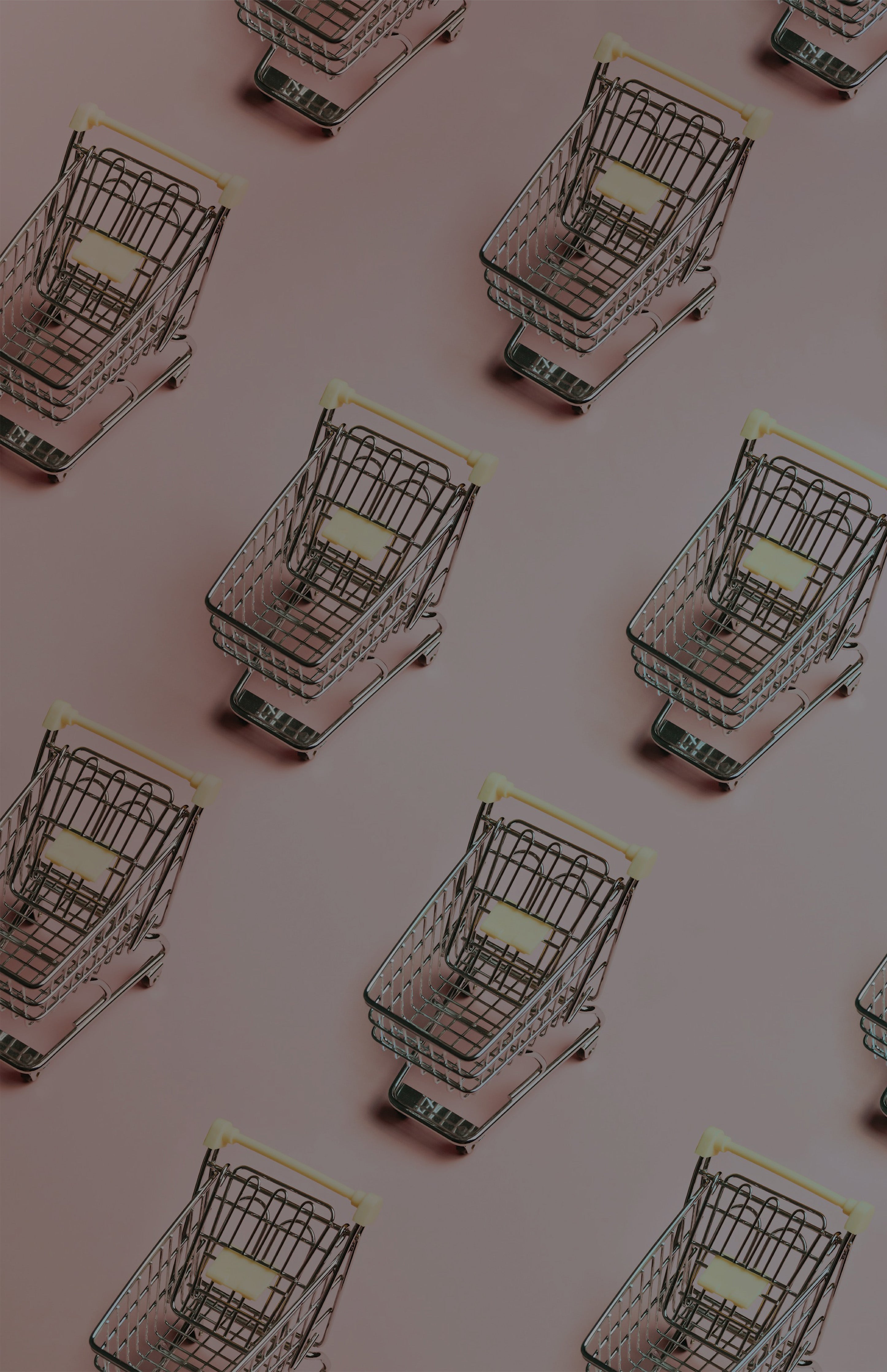 Rows of small shopping carts on a pink background.