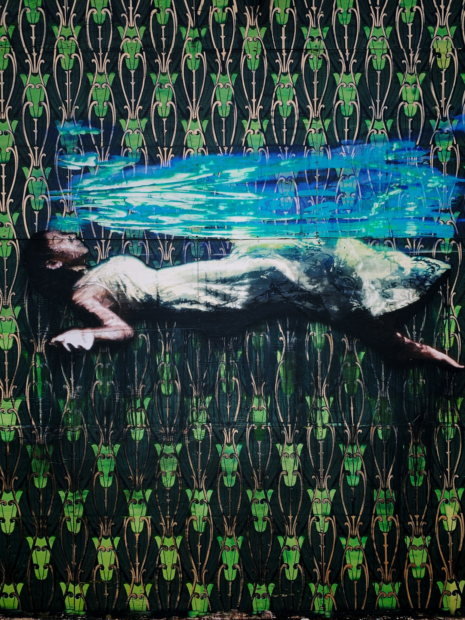 A painting of a woman with a green background.