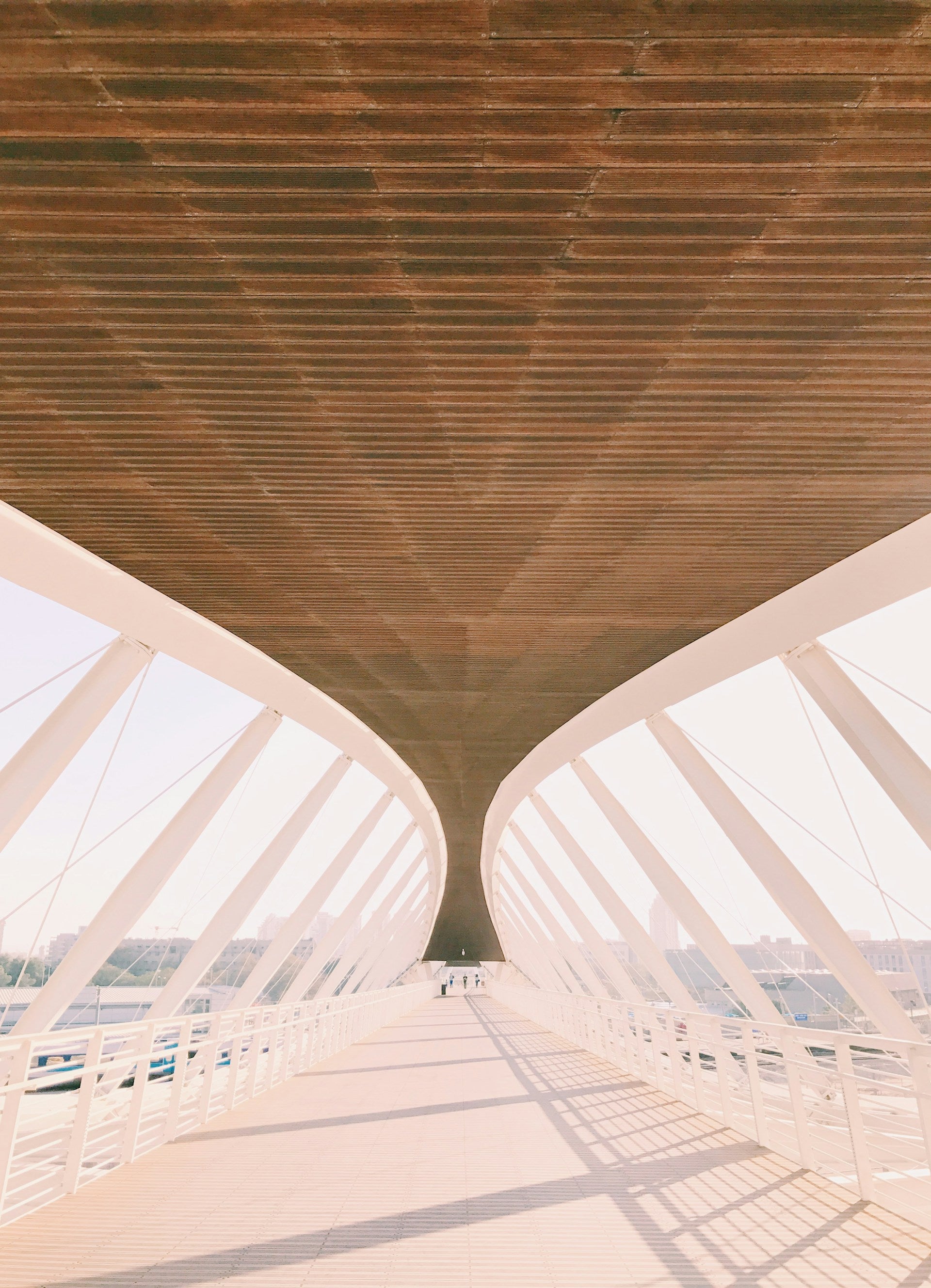 A view of a long bridge over water, with a wooden ceiling.