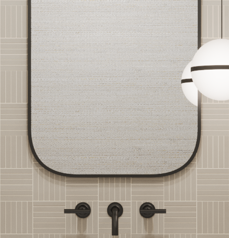 A half bathroom with a black sink and beige tiles.