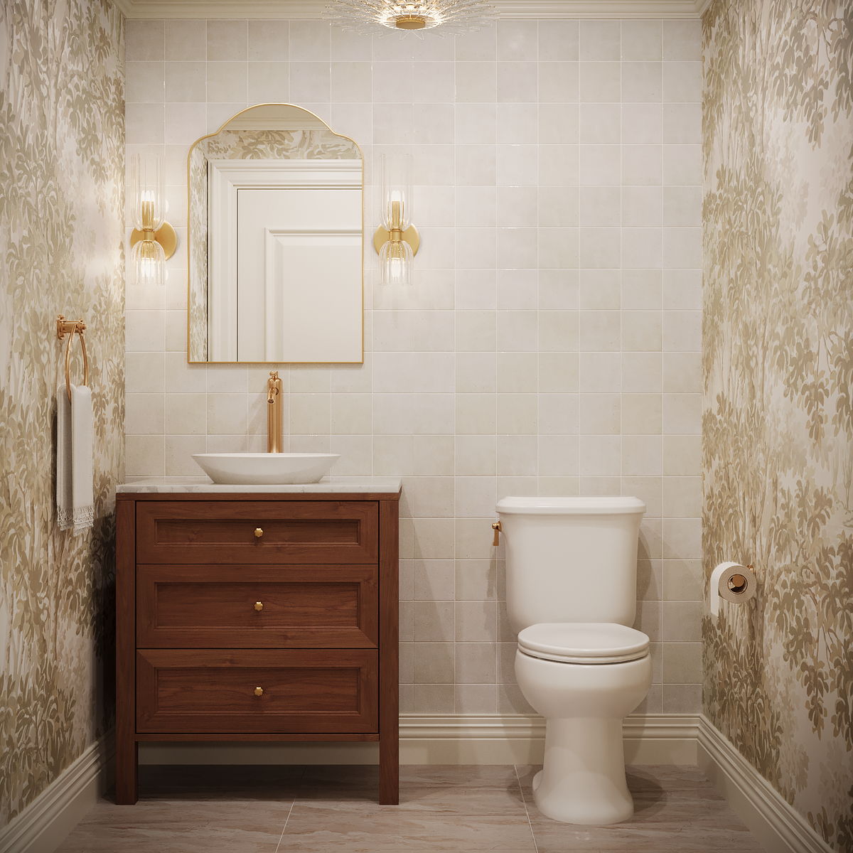 Ambler half bathroom collection wood vanity with neutral forest wallpaper and toilet