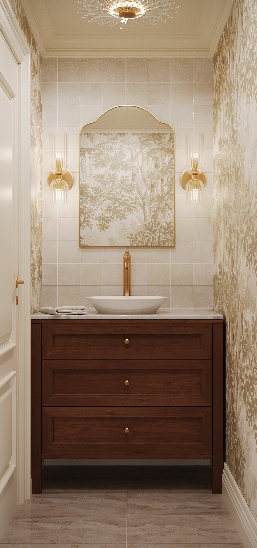 Ambler half bathroom collection wood vanity with neutral forest wallpaper