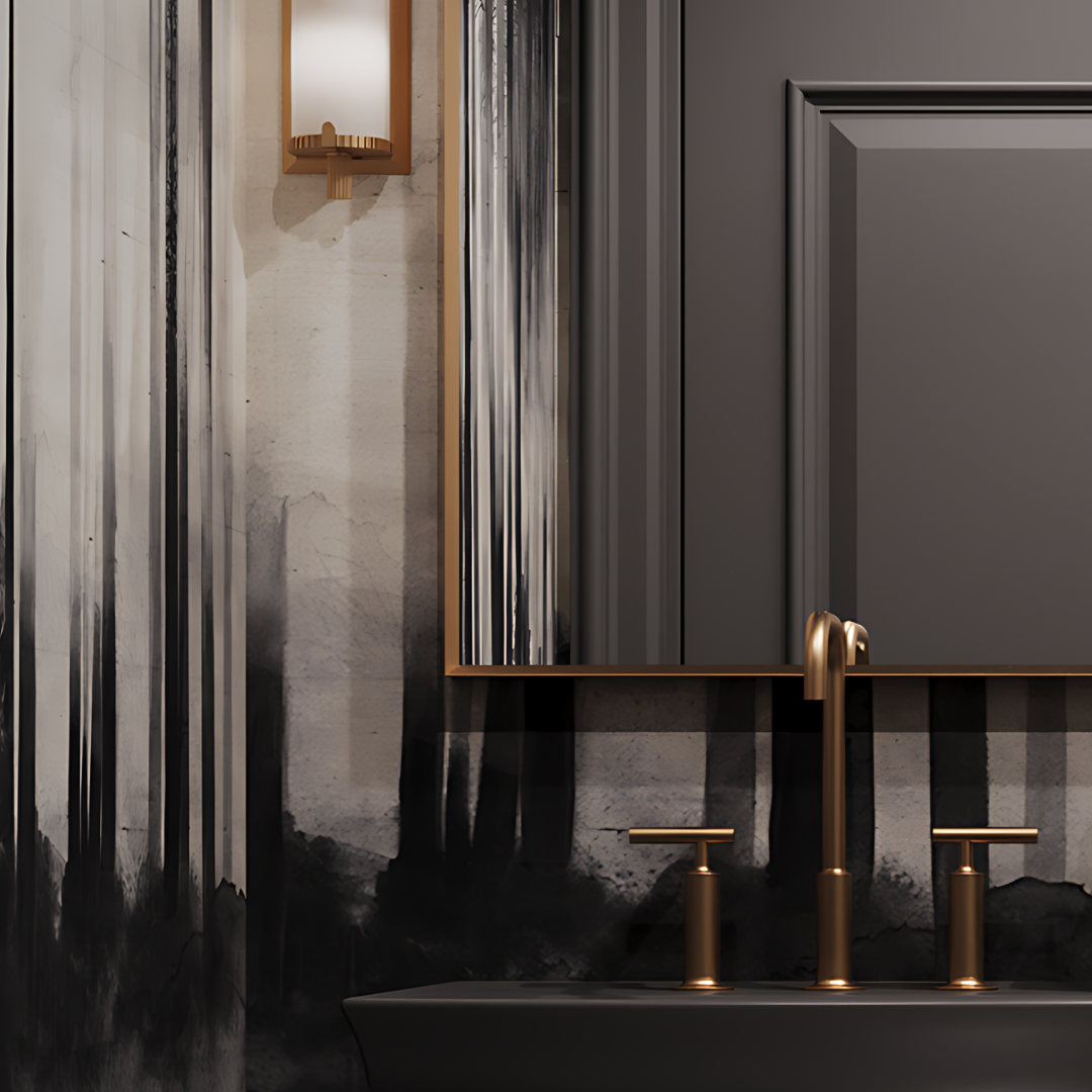 A dark bathroom with grey wallpaper and gold accents.