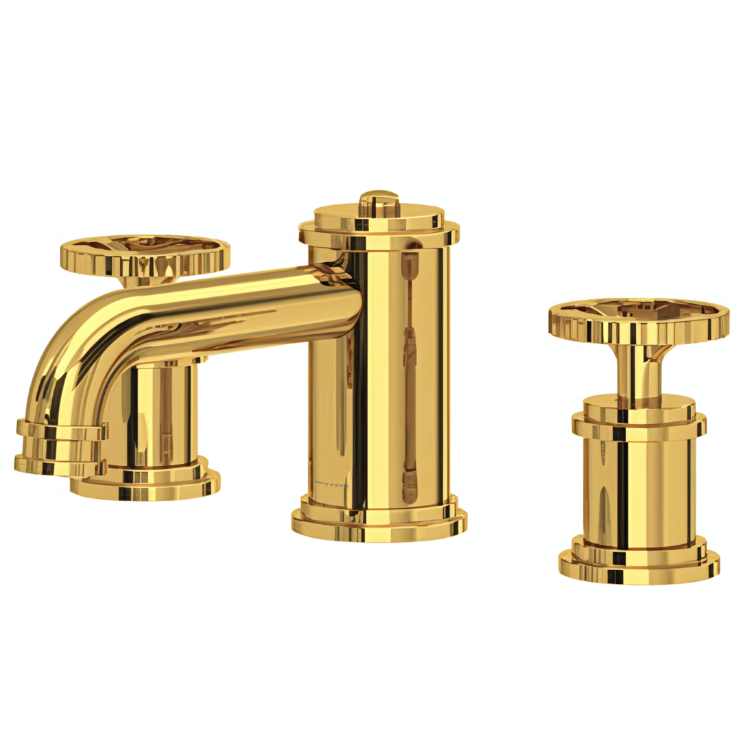 Brass sink faucet on white background