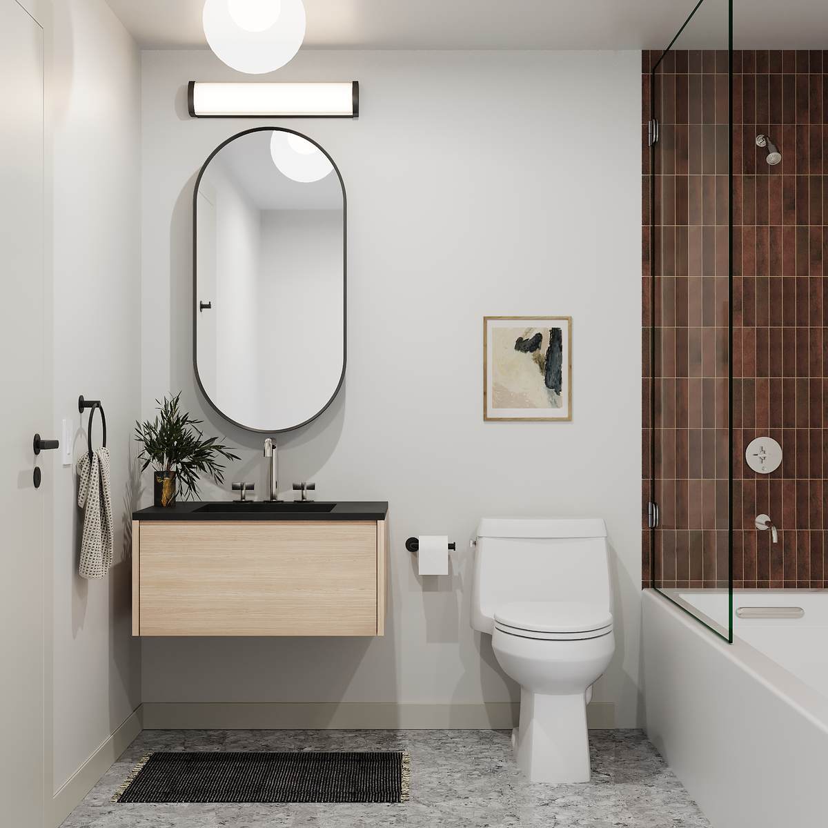 Willow Collection full bathroom with single vanity, overhead sconce, toilet and shower tub combination.