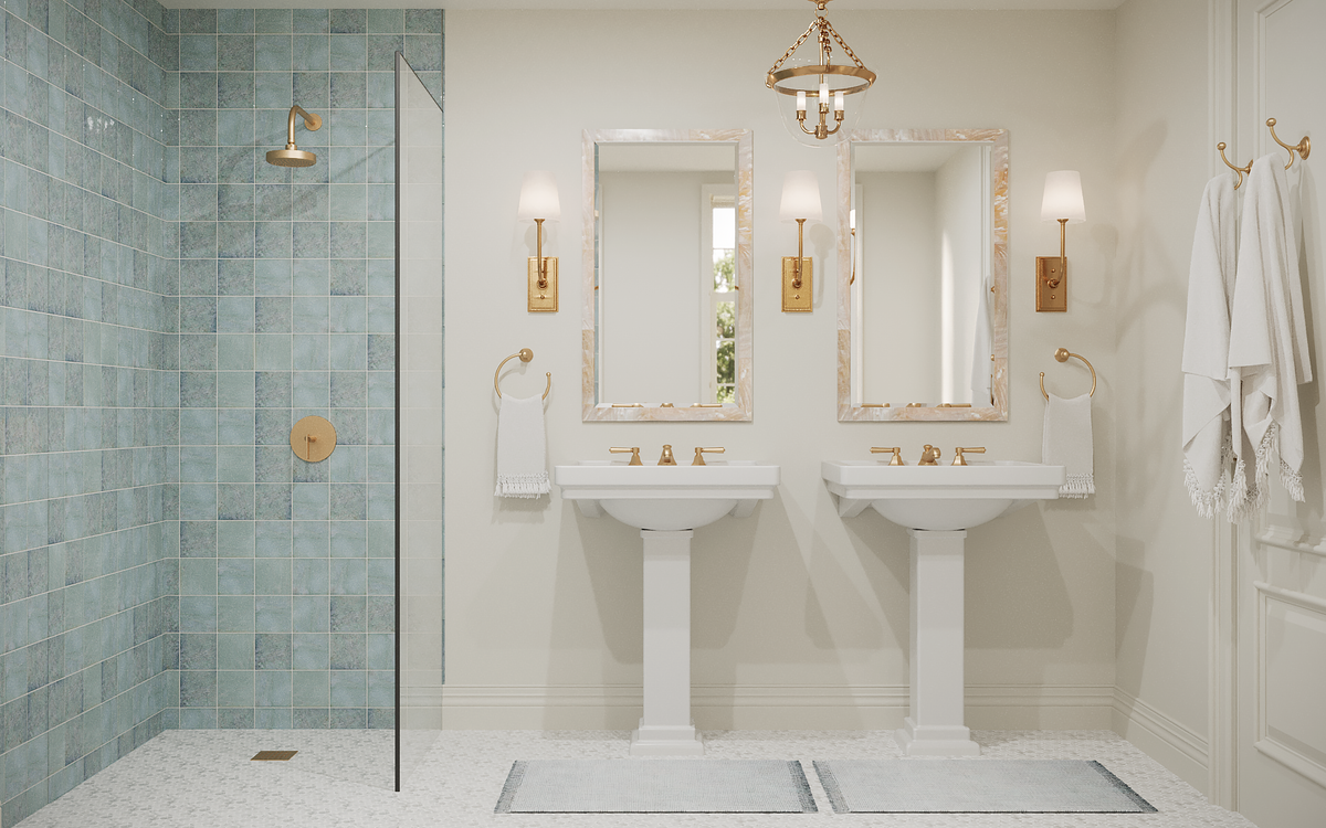 Jasper Collection with two pedestal sinks and open-concept shower