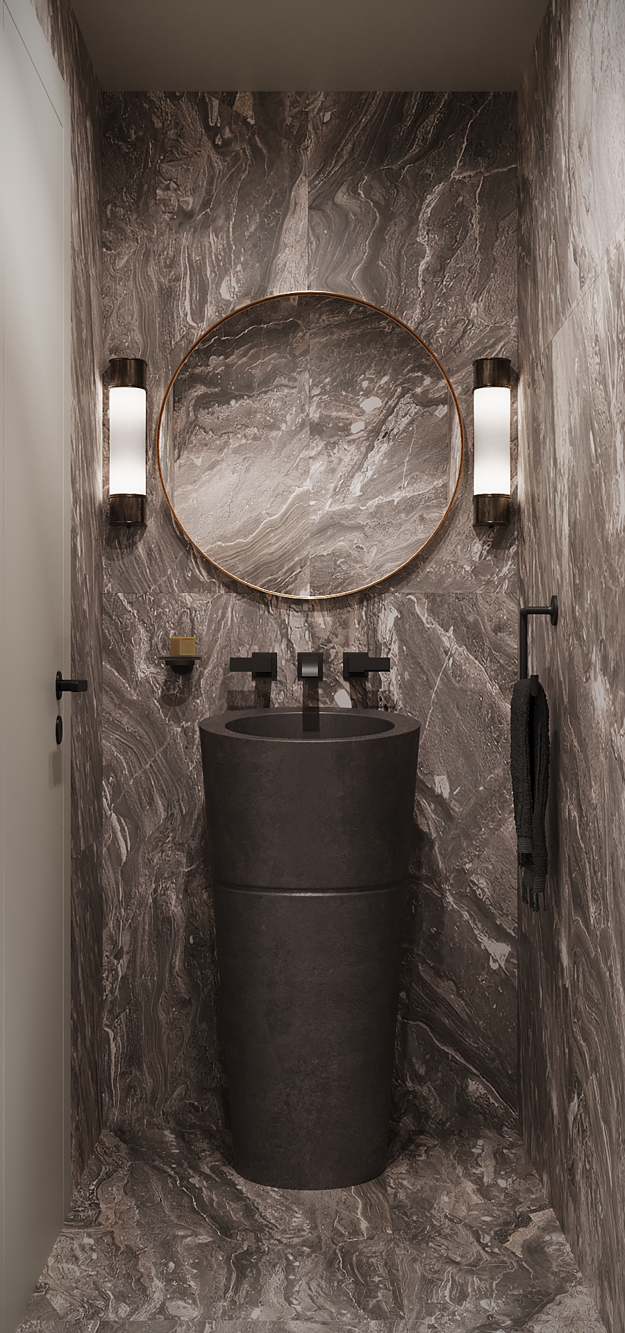 Ormsby Collection with granite pedestal sink and grey and beige, floor to ceiling marble-like porcelain tile.