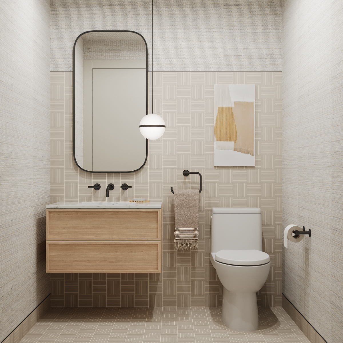 Terra Losa Bathroom Collection with Neutral Color Palette and Black Accents