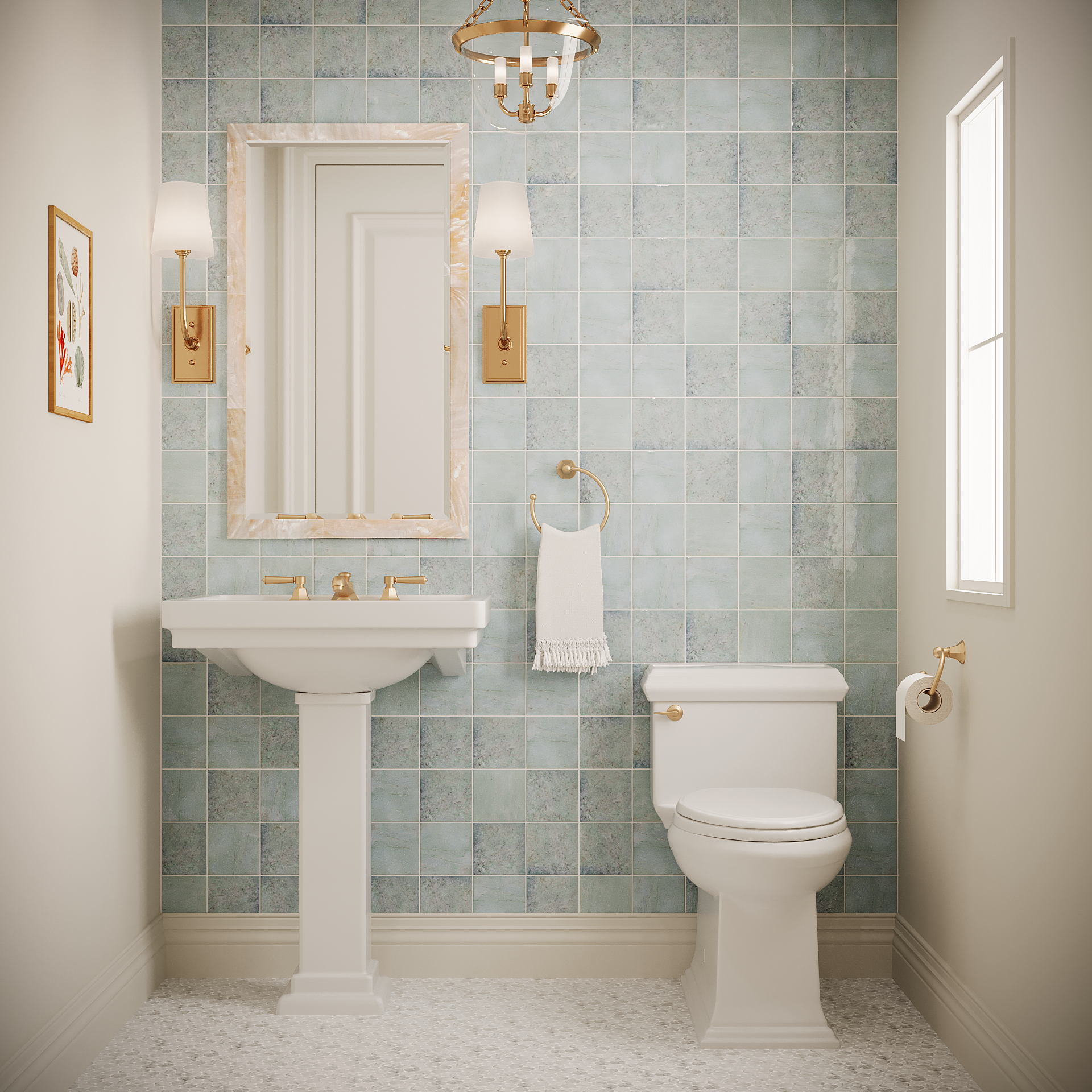 Jasper half bathroom collection with white pedestal sink and toilet and blue tile wall.