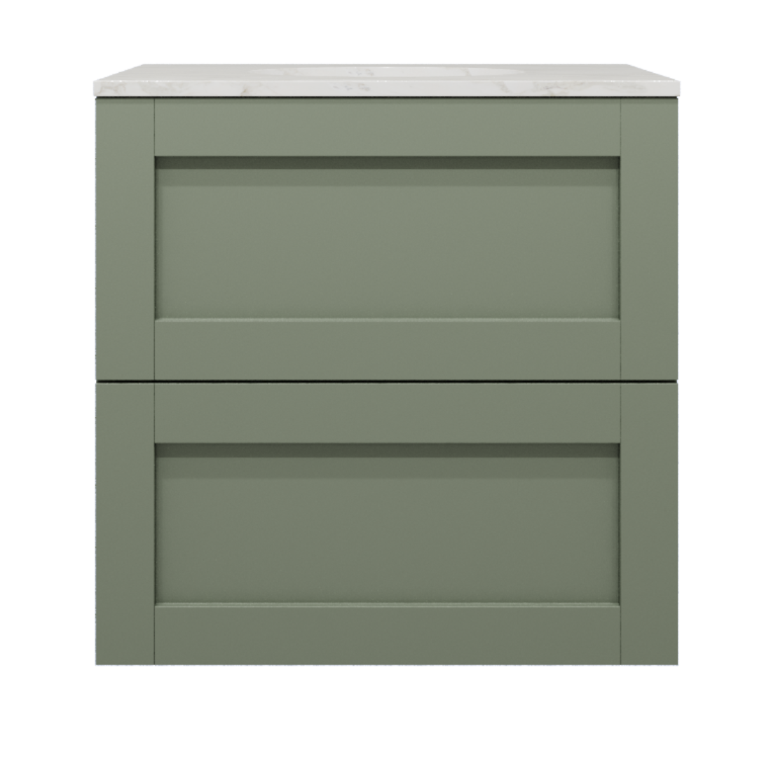 green vanity with white countertop and two drawers