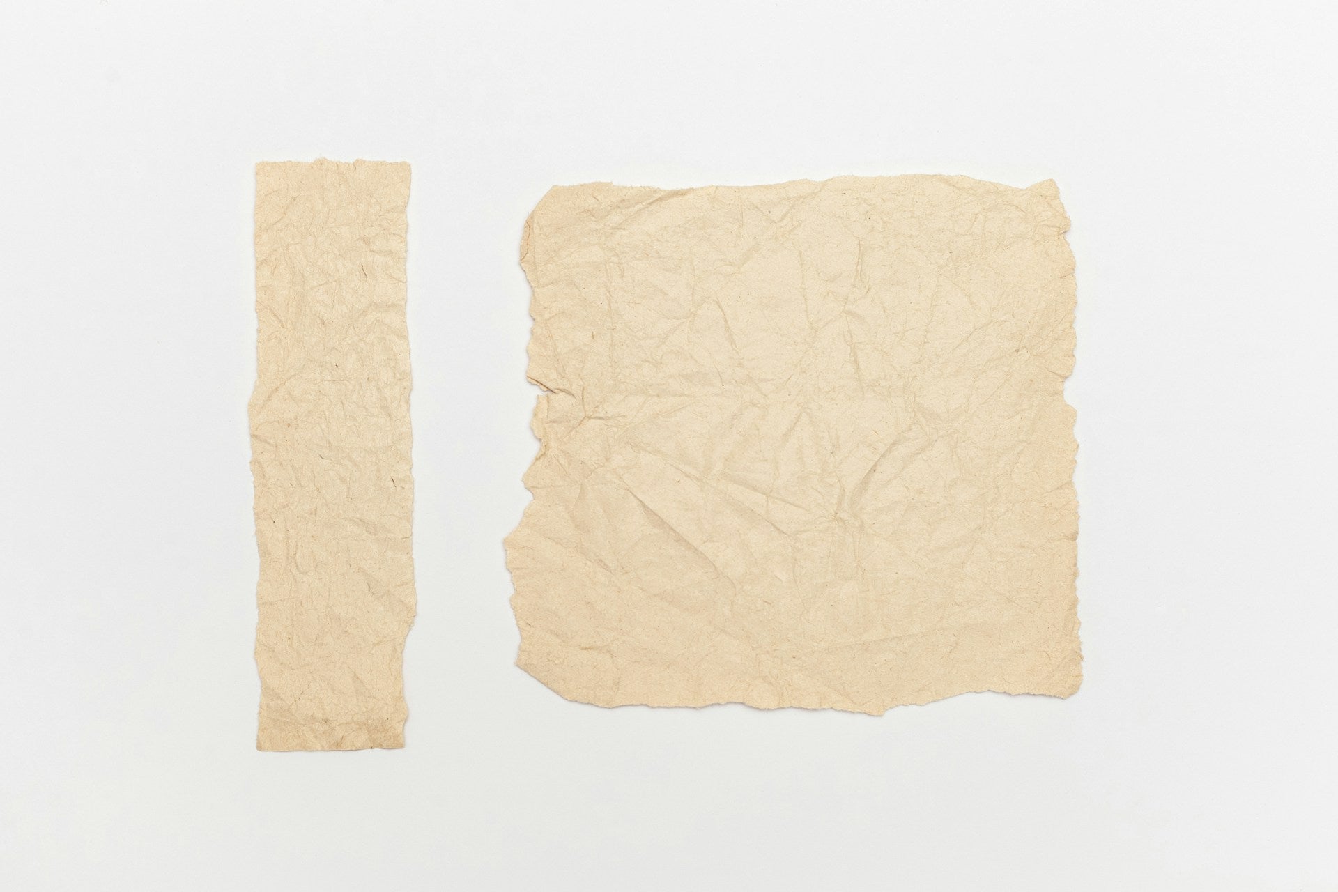 Two pieces of crumpled paper on a white surface.