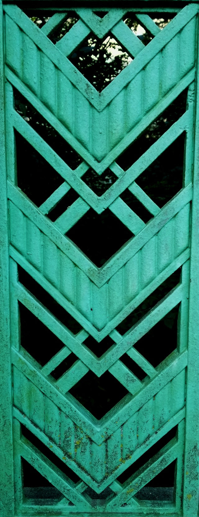A close up of a green door with a pattern on it.