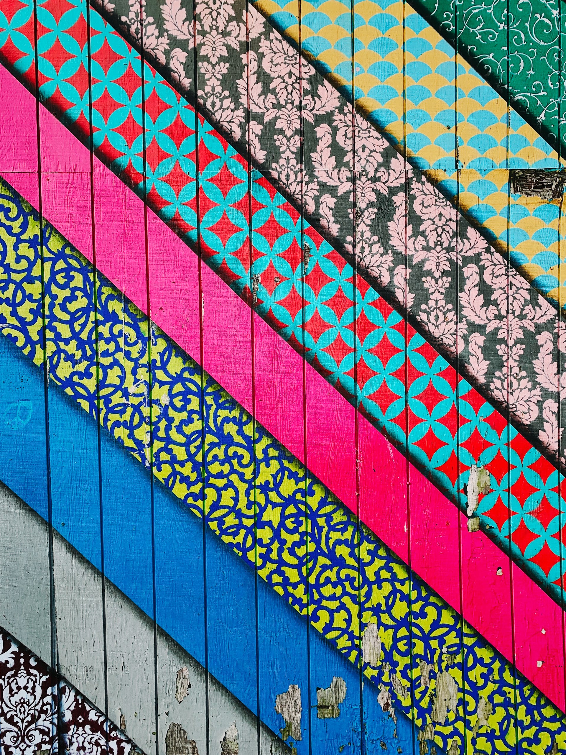 A colorful wall with many different designs on it.