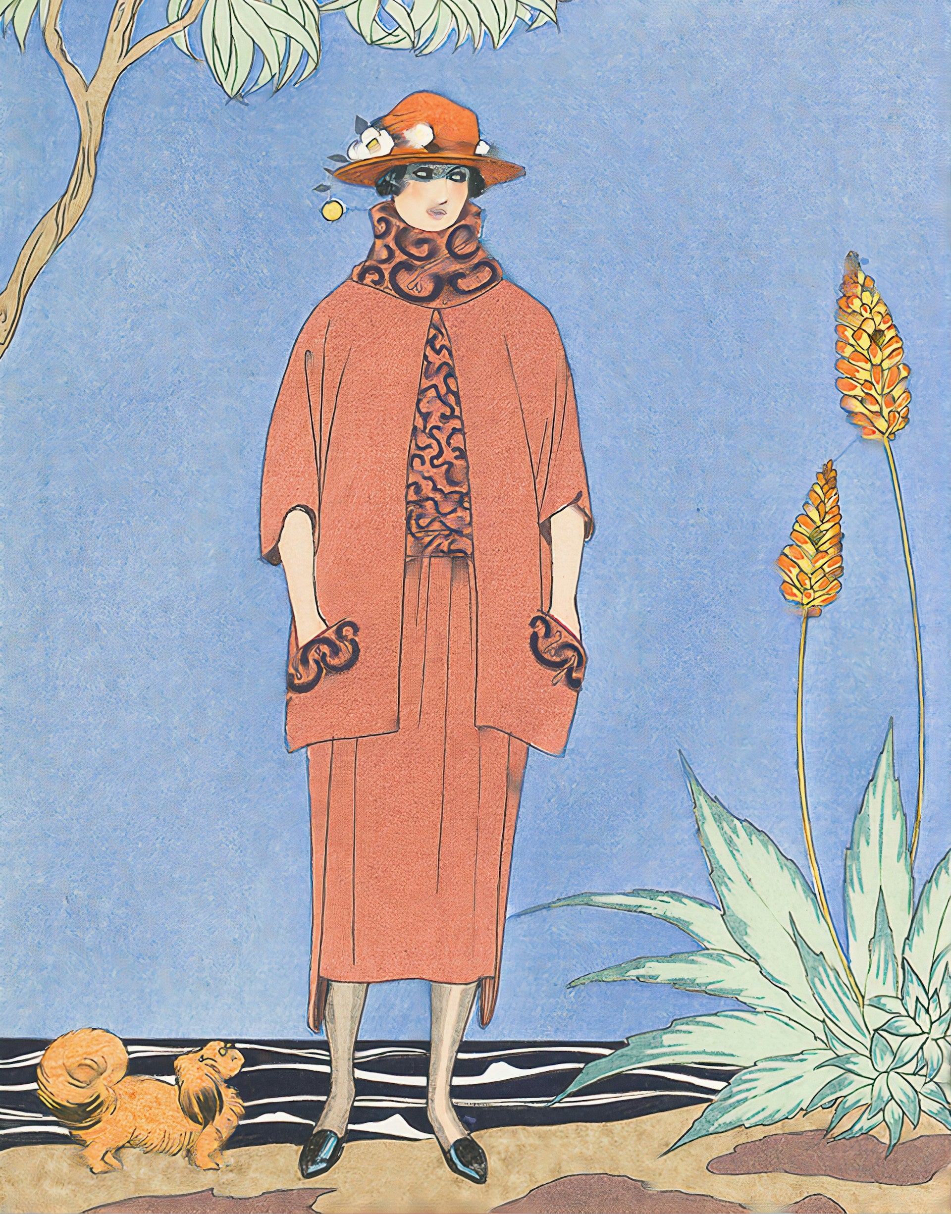 Artwork of a person in a red outfit and hat standing on a beach.
