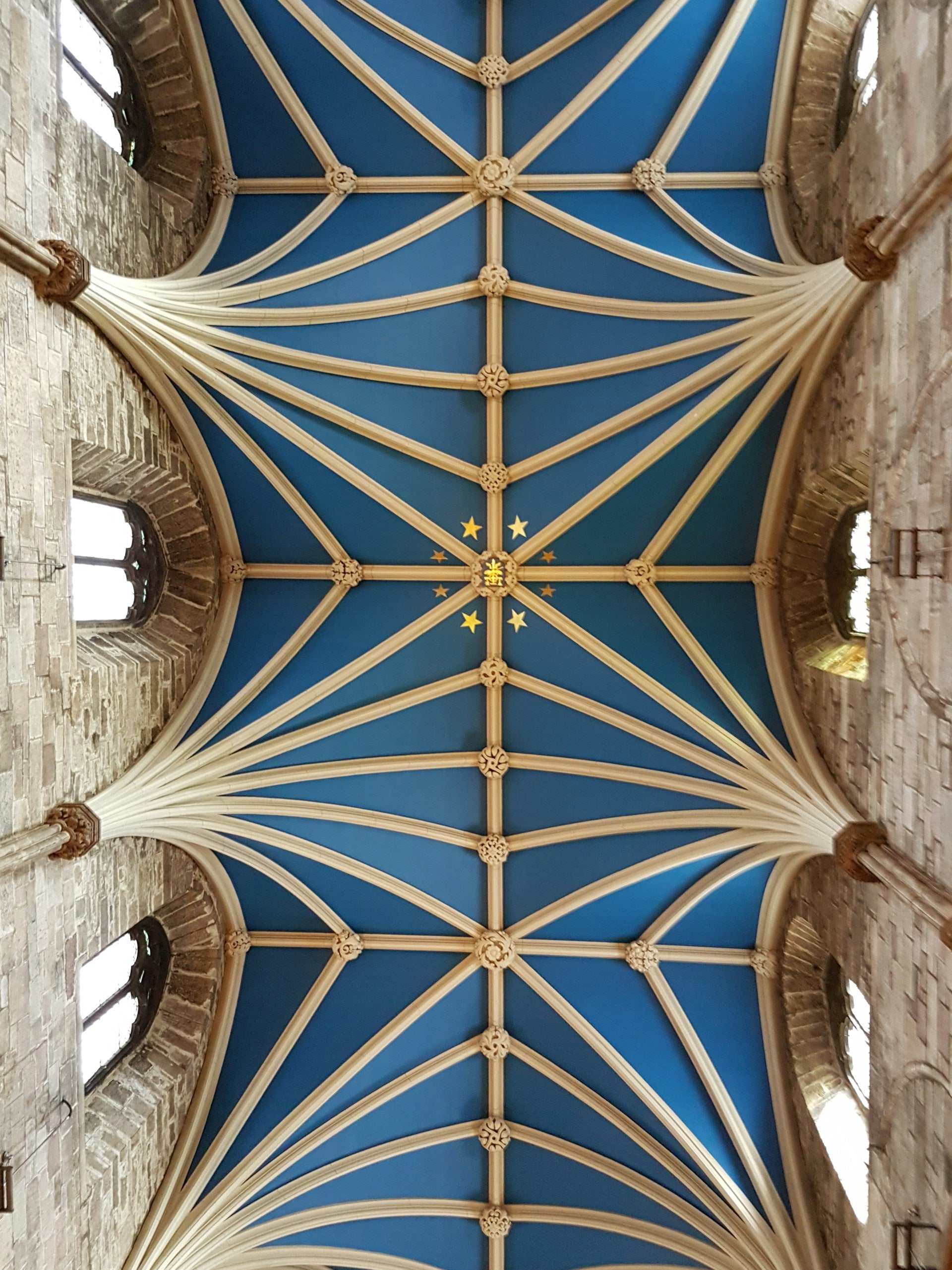 The blue ceiling of a cathedral with golden bars and arched windows.